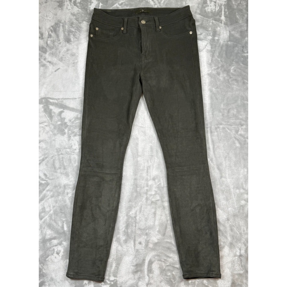 7 For All Mankind Women Olive Green Faux Suede Skinny Pants Size 28